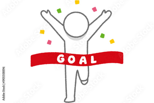 Triumphant figure crossing finish line with confetti, celebrating achievement, success, and victory in a simple illustration style