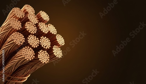 Close-up of stranded copper wire bundles for industrial electricity and conductivity