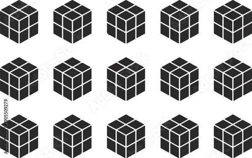 Isometric Black Cube Block Vector Set Puzzle Game Pieces and Geometric Shapes