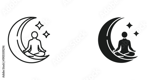 Meditating Person on Crescent Moon with Stars, Simple Line Art Design