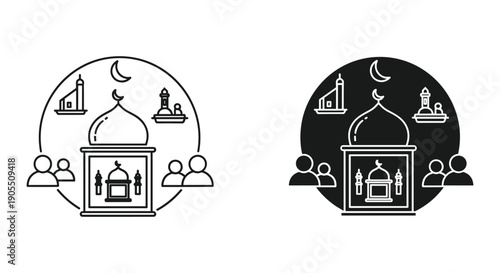 Mosque Iconography with Crescent Moon and Worshipers in Simple Line Art
