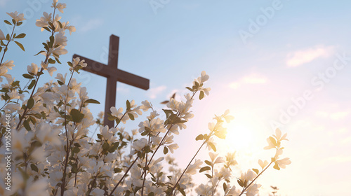 Cross Amidst Blooming Light Easter Holidays Banner with copy space