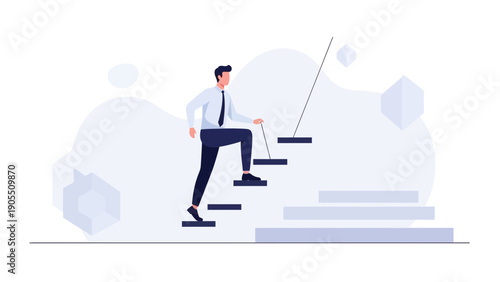 Businessman climbing stairs, concept of career growth and success, minimalist illustration