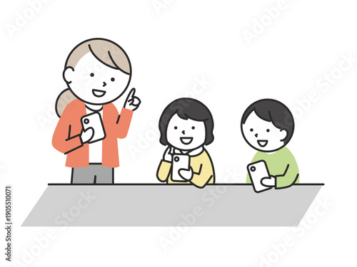 スマホの使い方を学ぶ子供たち　ITリテラシー学習とデジタル教育のイメージイラスト
