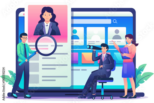 People examining a large digital recruitment screen displaying profiles and search functionality from a modern office viewpoint