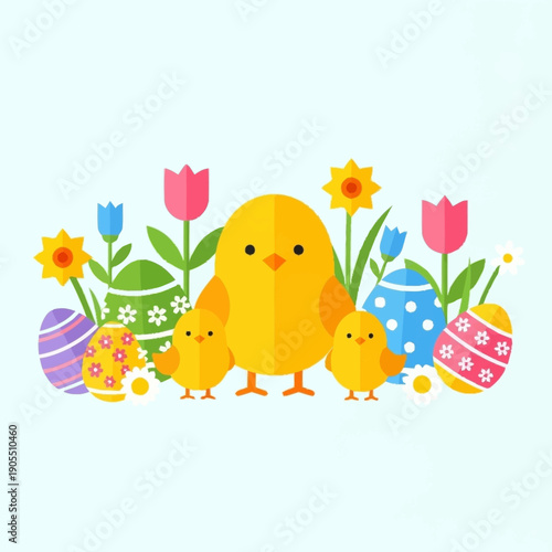 Cute flat illustration of a mother chick with two babies, surrounded by colorful Easter eggs and spring flowers.