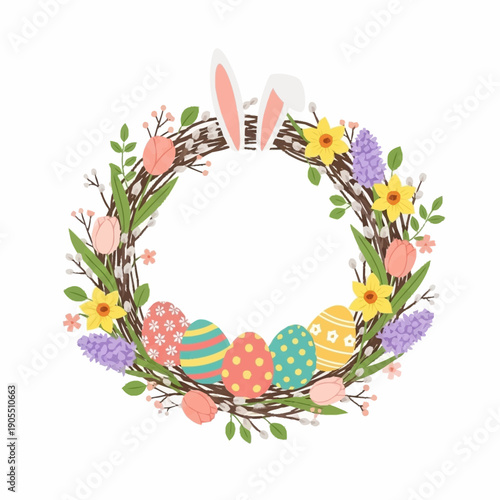 A vibrant Easter wreath adorned with bunny ears, colorful eggs, spring flowers, and pussy willow branches on a white background.