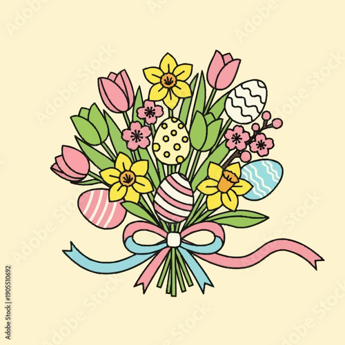 Wallpaper Mural A charming illustration of a spring Easter bouquet featuring colorful tulips, daffodils, and decorated eggs tied with a pastel ribbon on a light background. Torontodigital.ca