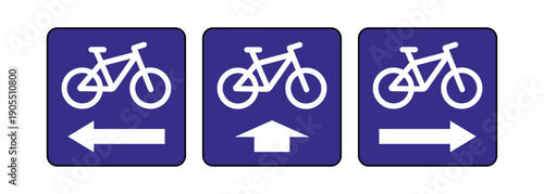 Bicycle Lane Directional Information Signs – Set of Three Blue Square Wayfinding Graphics with White Cyclist Icons and Arrows isolated on white