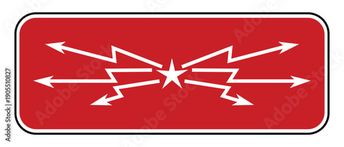 Horizontal Red High Voltage Warning Sign – Overhead Cable Hazard Alert with White Lightning Bolt Star Icon for Utility Safety isolated on white
