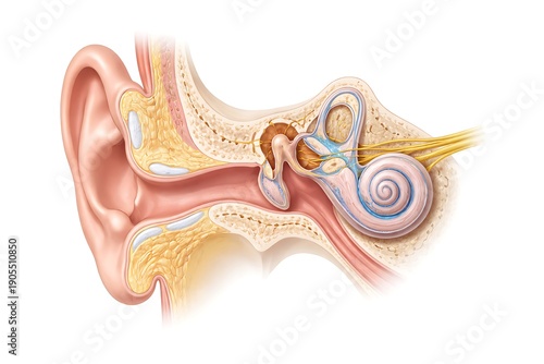 Detailed Cross-Section Illustration of Human Ear Anatomy Showing Outer, Middle, and Inner Ear Structures