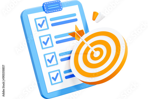 A checklist with a target symbol and arrow hitting the center, symbolizing precision and accuracy in task completion, viewed from a straightforward angle