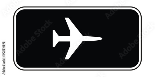 Inverted Monochrome Aircraft Crossing Road Sign – White Airplane Silhouette on Black Background for Aviation Safety and Traffic Warning