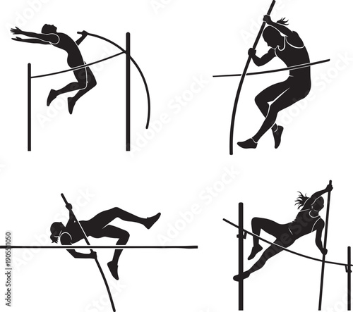 Pole Vault Athlete Clearing the Bar Silhouette Vector Icon Representing Track and Field Sports