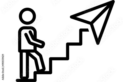 Person climbing stairs towards a paper airplane, symbolizing progress and achievement in a simple illustration style