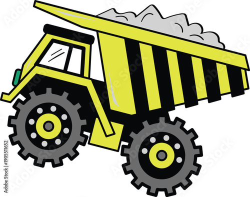 Yellow construction dump truck illustration with gravel or sand in the back isolated on white background