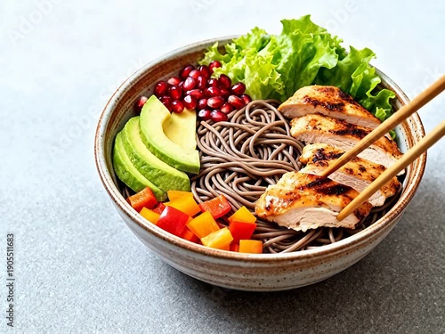 Bowl of soba noodles with chicken avocado
