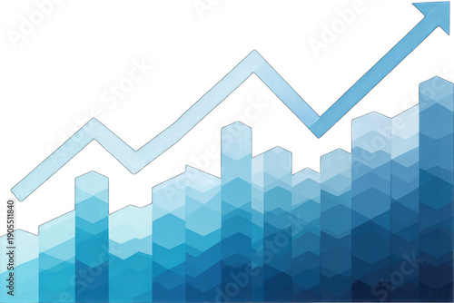 Graphic illustration of a rising arrow and bar graph indicating growth and progress in a business or financial context