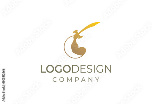 Sophisticated golden scimitar and abstract human silhouette emblem, ideal for a company seeking a powerful and elegant brand identity