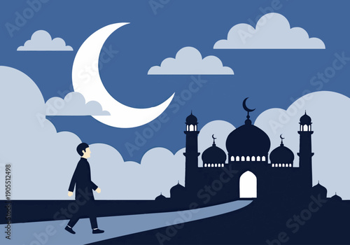 Vector illustration of a man walking towards mosque under crescent moon and clouds at night