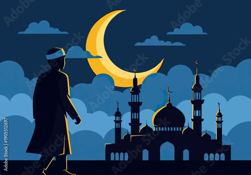 Vector illustration of a man walking towards mosque under crescent moon at night