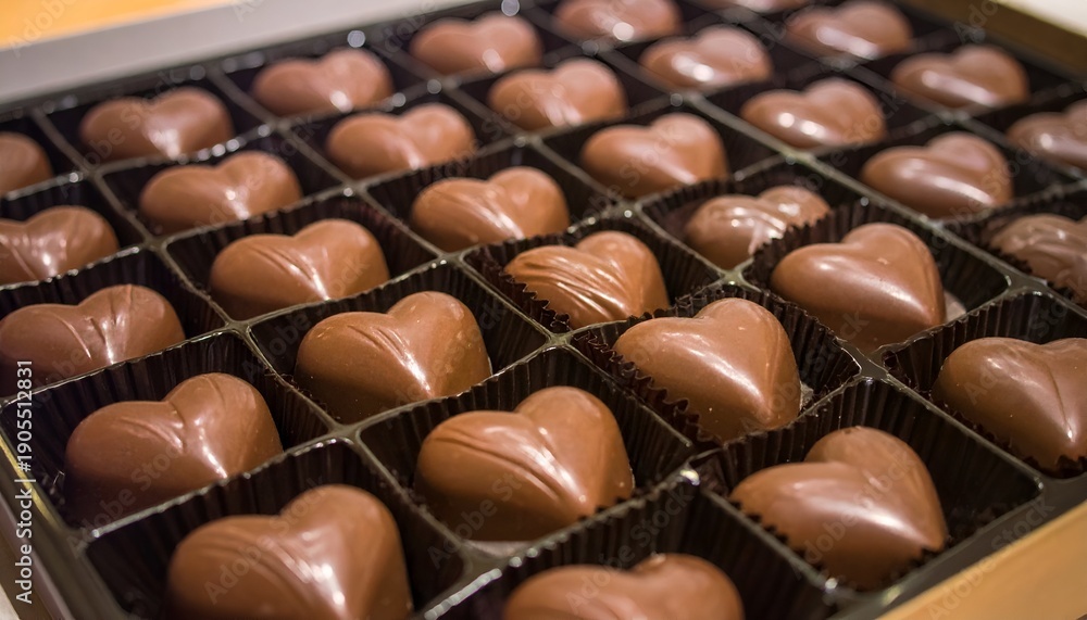 Obraz premium Heart-shaped chocolate candies neatly arranged in a box, awaiting consumption, possibly for a gift or dessert