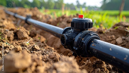 Ground-level shot black irrigation pipe with red valve laid on soil, with green foliage in the blurred background