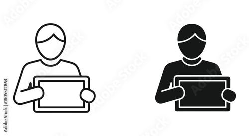 Masked Individuals Holding Tablets in Simple Line Art Style