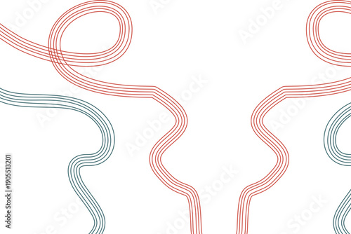 Abstract illustration of a wavy pattern with red and blue lines in a minimalist design viewed from directly above