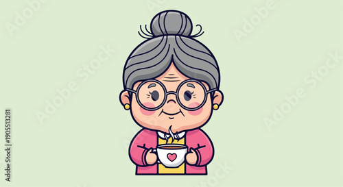 Cartoon illustration of an elderly woman holding a heart-shaped coffee cup with a bun and glasses on a light green background.