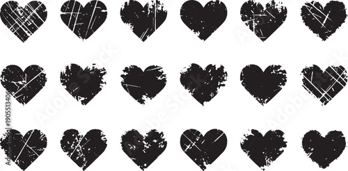 Distressed textured heart icons set with grunge effects for vintage style graphic design and vector projects