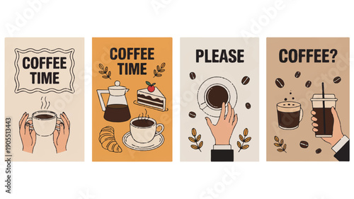 A vibrant collection of modern hand-drawn coffee-themed illustrations, ideal for cafe decor, digital content, menu design, or stylish greeting cards and posters
