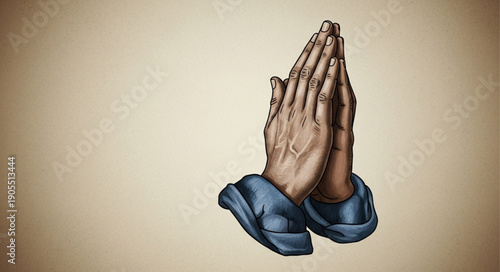 Hands clasped together in prayer on a textured background.