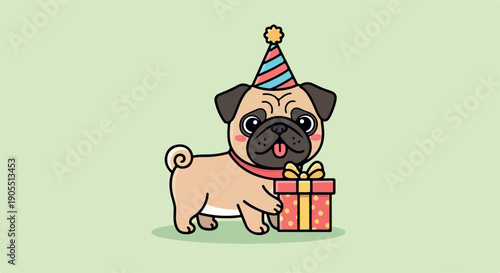 A cartoon pug dog wearing a colorful party hat stands beside a wrapped gift on a light green background.