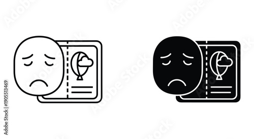 Sad Emoji on ID Card with Frowning Face Icon, Black and White Style