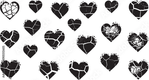 Set of 15 black cracked hearts. various abstract broken heart symbols with shattered texture isolated
