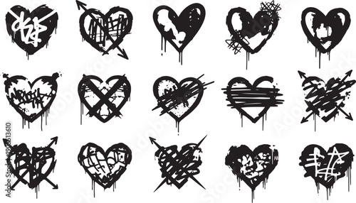 Set of 15 black grunge hearts. various scratched, scribbled, and arrow pierced hearts isolated on transparent