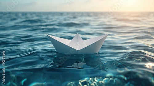 Paper Boat Floating Alone in the Vast Ocean Symbolizing Hope, Journey, and Fragile Dreams Concept Background Photo