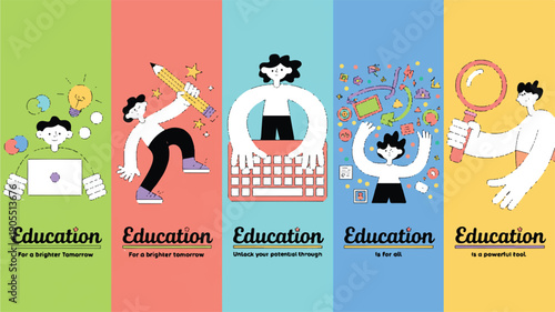 Vibrant minimalist vector art series depicting various facets of modern education, including digital learning, knowledge exploration, and personal growth for future success and innovation