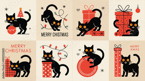 A delightful collection of minimalist black cat illustrations celebrating the festive spirit of Christmas with gifts, ornaments, and holiday cheer