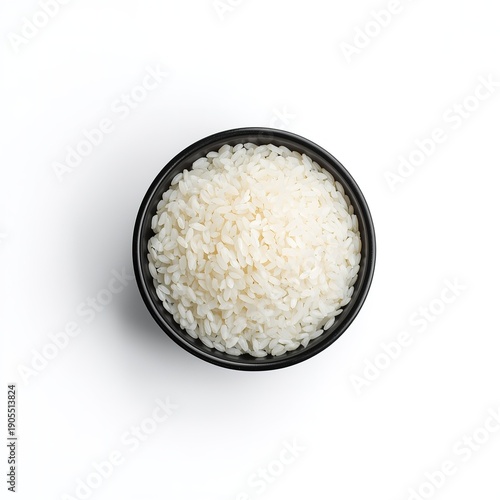 Isolated Bowl of Steamed White Rice, Freshly Cooked Grains in a Ceramic Bowl on a Clean White Background