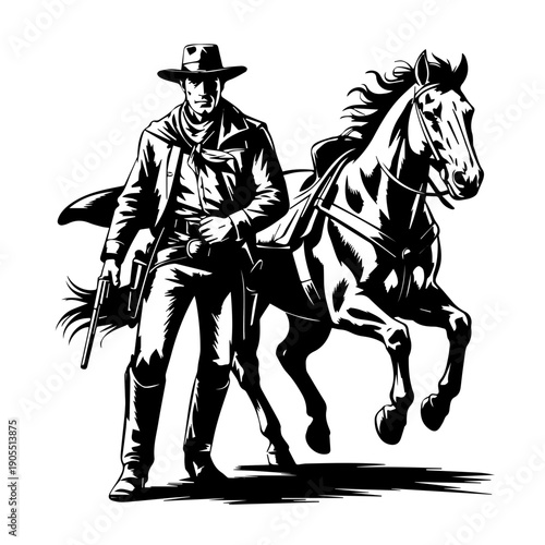 Bold Vector Western Illustration Featuring Cowboy With Revolver And Galloping Horse In High Contrast Classic Poster