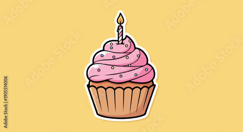 Illustration of a cupcake with pink frosting and a lit candle on a yellow background.