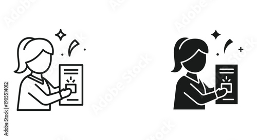 Woman Receiving Certificate or Award with Confetti in Simple Line Art Style