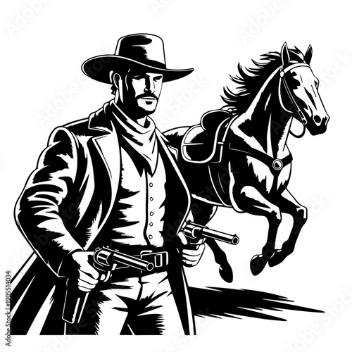Bold Vector Western Illustration Featuring Cowboy With Revolver And Galloping Horse In High Contrast Classic Poster