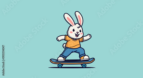 A cartoon rabbit wearing casual clothes rides a skateboard against a teal background with a playful mood.