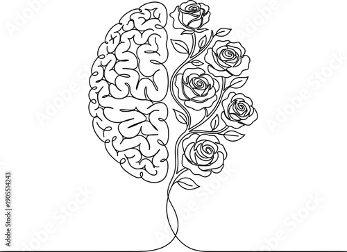 Abstract Continuous Line Art: Human Brain Symbolically Transforms into Blooming Roses, Representing Mental Health, Creativity, Emotional Growth, and Psychological Balance.