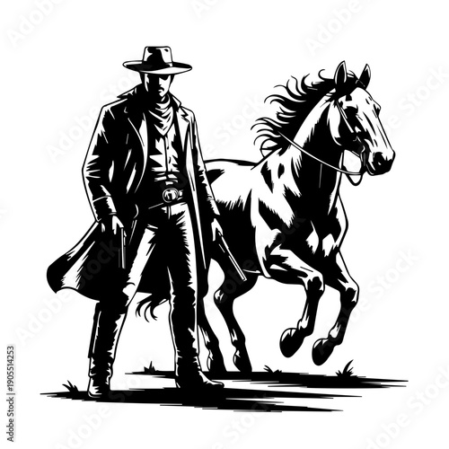 Bold Vector Western Illustration Featuring Cowboy With Revolver And Galloping Horse In High Contrast Classic Poster