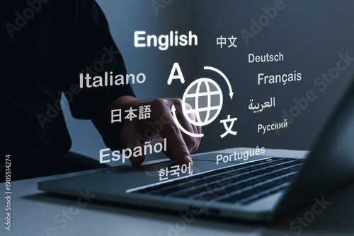 Translator App. people working with virtual translation application software on laptop computer, e-learning, AI language service, language education course, global communication technology concept