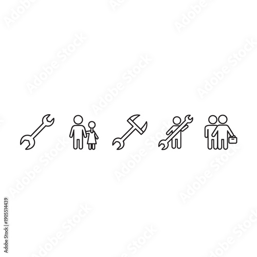 Industrial tools and team collaboration icon set. Includes wrench, maintenance, teamwork, repair, and support symbols. Created in line style with black and white palette.